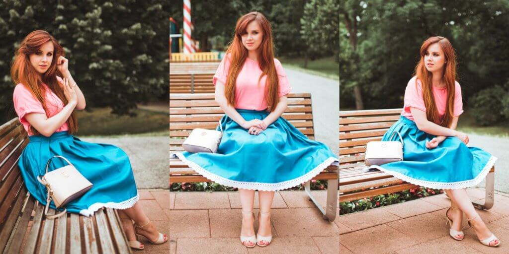 avon ružové tričko modrá áčková folk sukňa outfit fashion moda blogerka