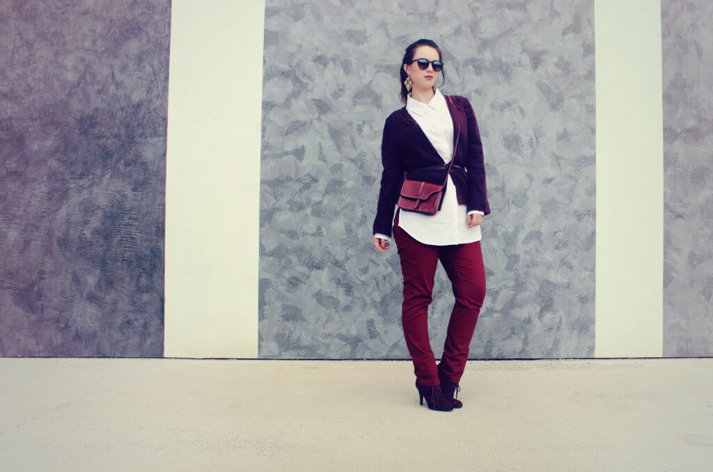 ton v tone bonprix nohavice košeľa krivky moletka blogerka outfit inspiracia ako zemité farby bordova