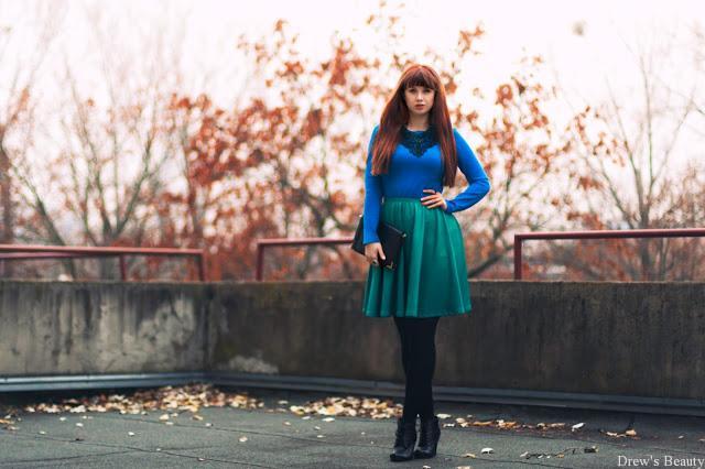 jeseň jesenné áčková zelená sukňa modrý top