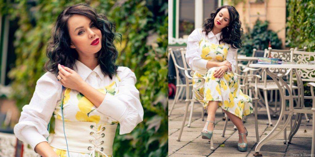 villa vodička móda inšpirácia inspirace vrstvenie košeľa šaty korzetový opasok citróny potlač hruška postava retro pinup