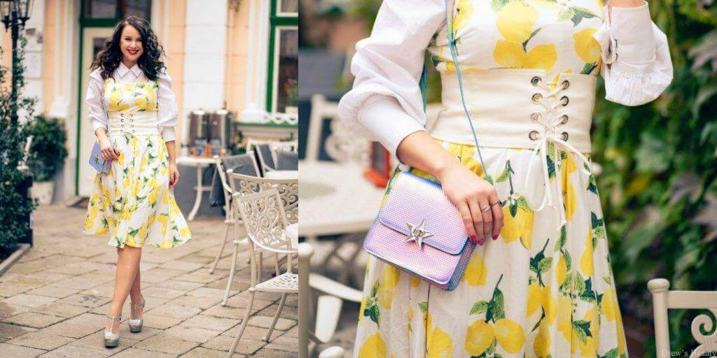 villa vodička móda inšpirácia inspirace vrstvenie košeľa šaty korzetový opasok citróny potlač hruška postava retro pinup